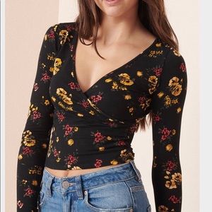 Garage Long Sleeve Black Floral Wrap Top